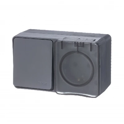 AtlasDesign Profi54 БЛОК:розетка с  заземлением со шторками 16А 250B, выключатель одноклавишный IP54 10А, АНТРАЦИТ, Россия Systeme Electric ATN544070