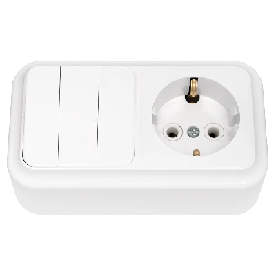 Беларусь Блок: выключатель трехклавишный + розетка с заземлением наружный Пралеска БелТИЗ 3в-рц-531 Блок 3В-РЦ-531