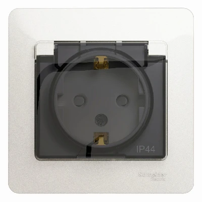 GLOSSA Розетка с заземлением со шторками с крышкой IP44 перламутр в сборе Systeme Electric GSL000648