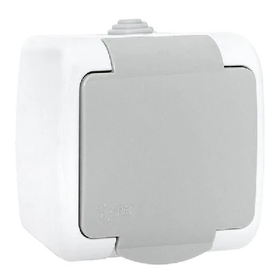 Розетка 1-местная Мурманск 16А с заземлением с крышкой IP54 серый с защитными шторками EKF EFR16-029-30-54