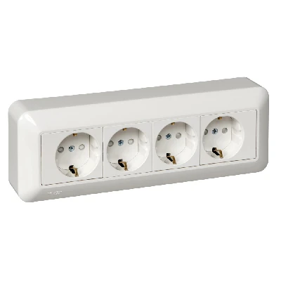 ПРИМА Розетка 4 поста наружная с заземлением 250В 16А со шторками белая монтажная пластина Systeme Electric RA16-411M-B