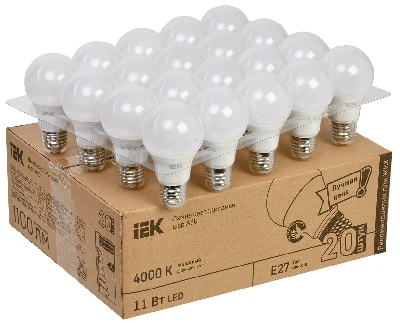 Лампа светодиодная A60 груша 11Вт 230В 4000К E27 (20шт/жкхпак) IEK LLE-A60-11-230-40-E27-20