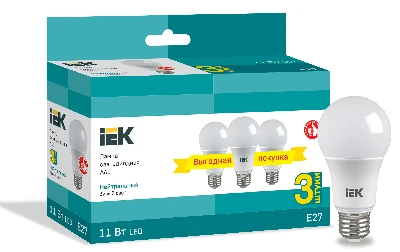Лампа светодиодная A60 груша 11Вт 230В 4000К E27 (3шт/упак) IEK LLE-A60-11-230-40-E27-3