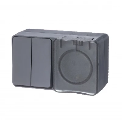 AtlasDesign Profi54 БЛОК: розетка с  заземлением со шторками 16А 250B, выключатель двухклавишный IP54 10А, АНТРАЦИТ, Россия Systeme Electric ATN544074