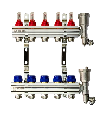 Коллекторная группа FHF-5RF set 5 контуров 1' х 3/4' с расходомерами, воздухоотводчиками и кронштейнами Ридан 088U0725R