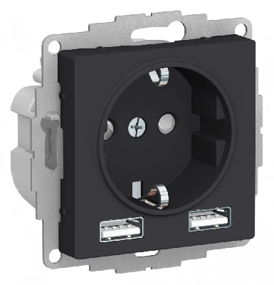 Розетка ATLASDESIGN 16А+USB  A+A, механизм, КАРБОН Systeme Electric ATN001030