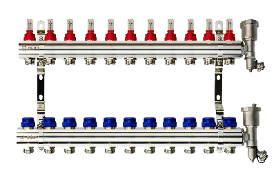 Коллекторная группа FHF-11RF set 11 контуров 1' х 3/4' с расходомерами, воздухоотводчиками и кронштейнами Ридан 088U0731R