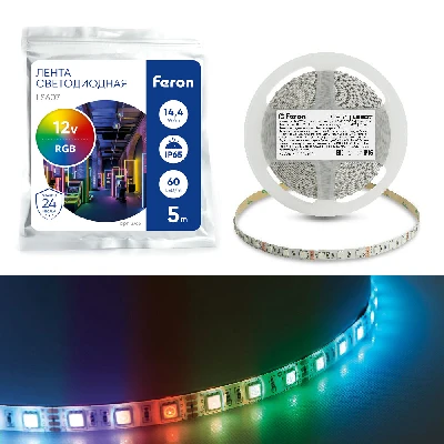 Лента светодиодная LEDх60/м 14.4w/м 12В IP65 красный/зеленый/синий (5м) FERON LS607 RGB 27651