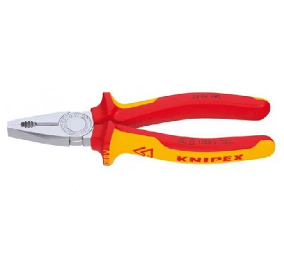 Плоскогубцы комбинированные VDE 1000V резка - проволока средней твердости 38мм твердая проволока 25мм кабель 13мм (16мм) L=200мм диэлектрические хромированные двухкомпонентные рукоятки KNIPEX KN-0306200
