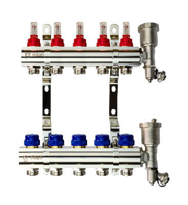 Коллекторная группа FHF-5RF set 5 контуров 1' х 3/4' с расходомерами, воздухоотводчиками и кронштейнами Ридан 088U0725R
