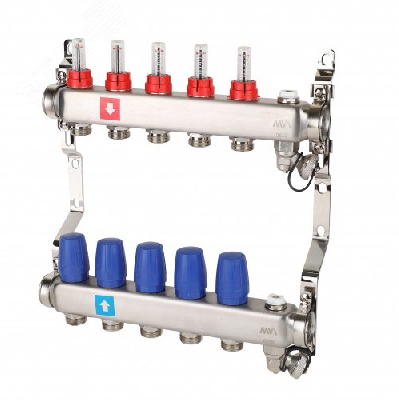 Коллекторная группа с расходомерами 1' х 5 выходов 3/4' НР евроконус с дренажным краном и воздухоотводчиком MVI MS.705.06
