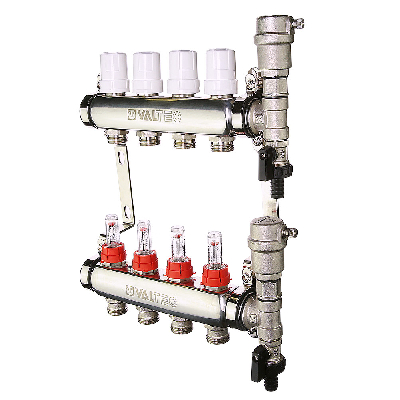 Коллекторная группа со встроенными расходомерами в сборе 1' х 4 выхода евроконус 3/4' из нержавеющей стали VALTEC VTc.589.EMNX.0604 IV589M604X