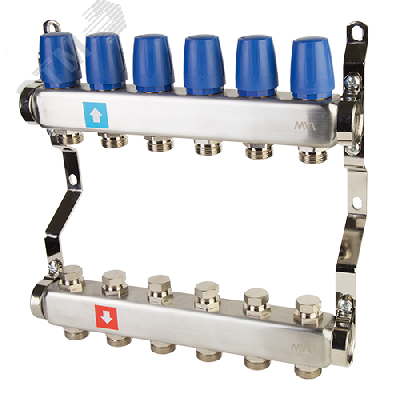 Коллекторная группа с ручными регулировочными клапанами 1' х 6 выходов 3/4' НР евроконус MVI MS.406.06