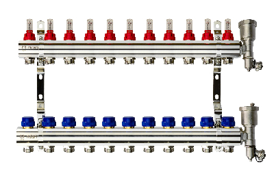 Коллекторная группа FHF-11RF set 11 контуров 1' х 3/4' с расходомерами, воздухоотводчиками и кронштейнами Ридан 088U0731R