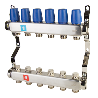Коллекторная группа с ручными регулировочными клапанами 1' х 6 выходов 3/4' НР евроконус MVI MS.406.06