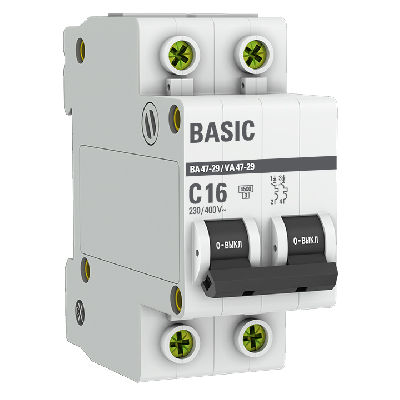 Выключатель автоматический двухполюсный 16А С ВА47-29 4.5кА EKF mcb4729-2-16C