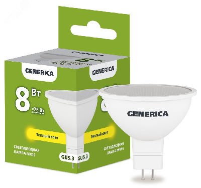 Лампа светодиодная MR16 софит 8Вт 230В 3000К GU5.3 GENERICA IEK LL-MR16-08-230-30-GU5-G