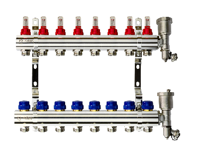 Коллекторная группа FHF-8RF set 8 контуров 1' х 3/4' с расходомерами, воздухоотводчиками и кронштейнами Ридан 088U0728R
