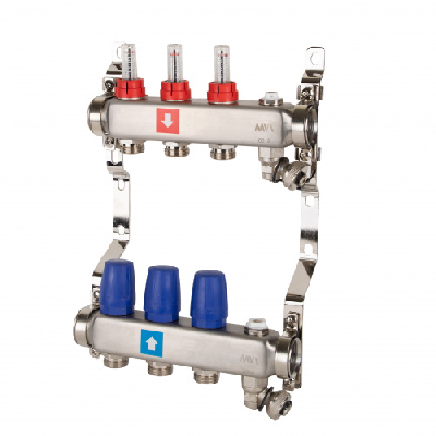 Коллекторная группа с расходомерами 1' х 3 выхода 3/4' НР евроконус с дренажным краном и воздухоотводчиком MVI MS.703.06