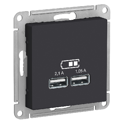 Розетка ATLASDESIGN USB 5В 1 порт x 2,1 А 2 порта х 1,05 А механизм карбон Systeme Electric ATN001033