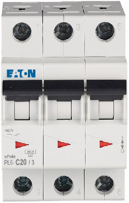 Выключатель автоматический 20А кривая отключения С 3 полюса отключающая способность 6 кА PL6-C20/3 EATON 286602