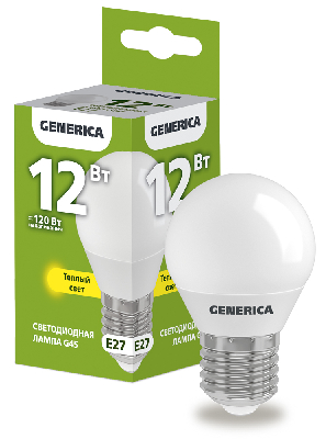 Лампа светодиодная G45 шар 12Вт 230В 3000К E27 GENERICA IEK LL-G45-12-230-30-E27-G