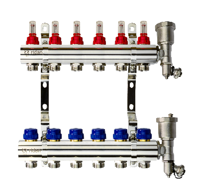 Коллекторная группа FHF-6RF set 6 контуров 1' х 3/4' с расходомерами, воздухоотводчиками и кронштейнами Ридан 088U0726R