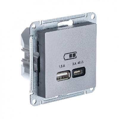 ATLASDESIGN USB РОЗЕТКА A + тип-C 45W высокоскор.заряд. QC, PD, механизм, СТАЛЬ Systeme Electric ATN000929