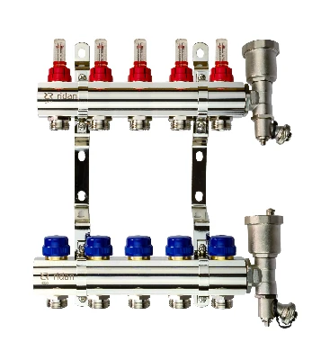 Коллекторная группа FHF-5RF set 5 контуров 1' х 3/4' с расходомерами, воздухоотводчиками и кронштейнами Ридан 088U0725R