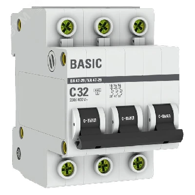 Выключатель автоматический трехполюсный 32А С ВА47-29 4.5кА EKF mcb4729-3-32C