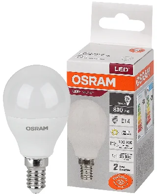 Лампа светодиодная LED 10 Вт E14 3000К 800Лм шарик 220 В (замена 75Вт) OSRAM LEDVANCE 4058075579712