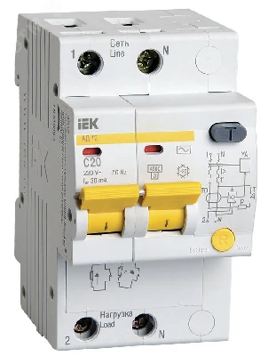 Выключатель автоматический дифференциальный АД-12 2п 20А 30мА С IEK MAD10-2-020-C-030
