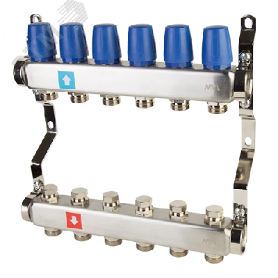 Коллекторная группа с ручными регулировочными клапанами 1' х 6 выходов 3/4' НР евроконус MVI MS.406.06