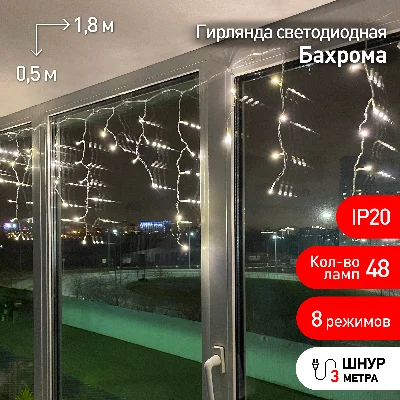 ENIB-01B Гирлянда LED Бахрома 1,8х0,5 м теплый    свет  8 режимов 220V, IP20 (100/800) ЭРА Б0041899