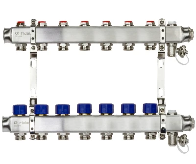 Коллекторная группа SSM-7R set 7 контуров 1' x 3/4' с термостатическими клапанами и кронштейнами Ридан 088U0977R