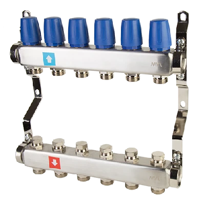 Коллекторная группа с ручными регулировочными клапанами 1' х 6 выходов 3/4' НР евроконус MVI MS.406.06