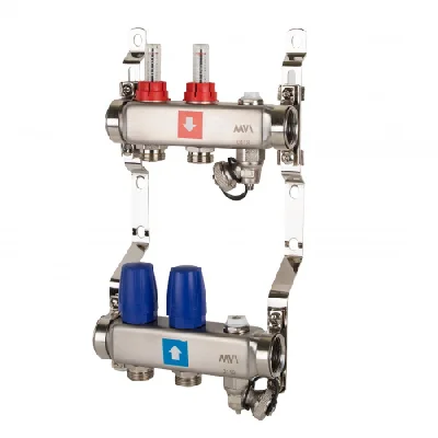 Коллекторная группа с расходомерами 1' х 2 выхода 3/4' НР евроконус с дренажным краном и воздухоотводчиком MVI MS.702.06