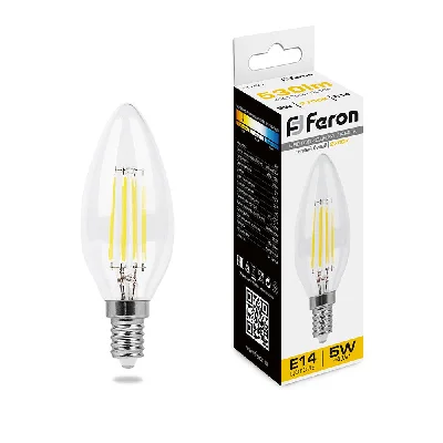 Лампа светодиодная LED 5вт Е14 теплый свеча FILAMENT FERON LB-58 25572