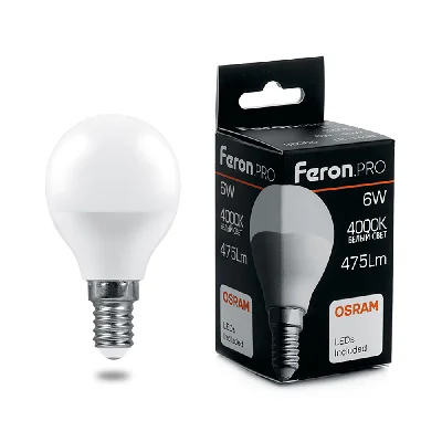 Лампа светодиодная LED 6вт Е14 белый матовый шар Feron.PRO FERON LB-1406 38066